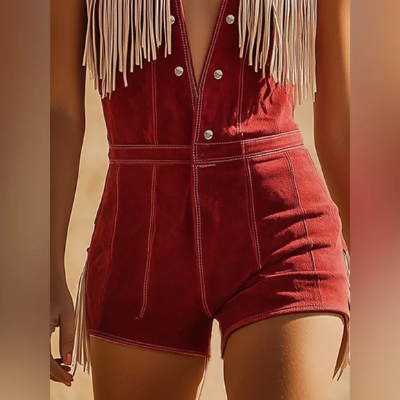 Oyrosy Western Cowboy Style Red Suede Silver Button Beige Tassel Jumpsuit NWT - Picture 5 of 12